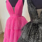 Ball Gown V Neck Tulle Tiered Prom Dresses With Slit Floor Length Sparkly