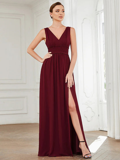 A-Line Evening Gown Minimalist Dress Wedding Guest Floor Length Sleeveless V Neck Chiffon