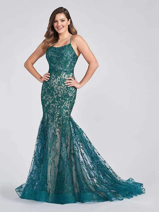 Mermaid / Trumpet Evening Gown Color Block Dress Formal Court Train Sleeveless Spaghetti Strap Lace Backless