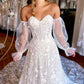 A-Line Train Lace Wedding Dress With Detachable Sleeves Off Shoulder Sexy
