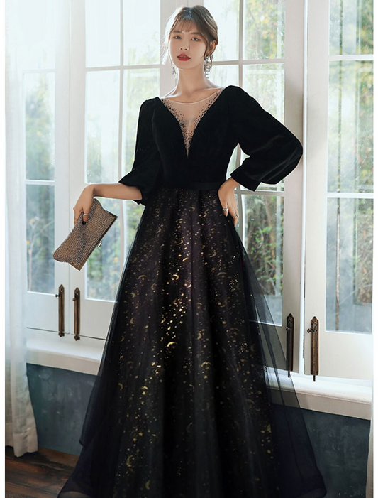 A-Line Evening Gown Sparkle Dress Wedding Guest Floor Length Long Sleeve V Neck Satin