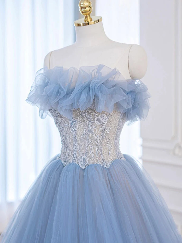 A-Line Tulle Lace Long Prom Dress Blue