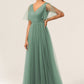 Eucalyptus A Line V Neck Floor Length Tulle Bridesmaid Dress Sexy Party Dresses