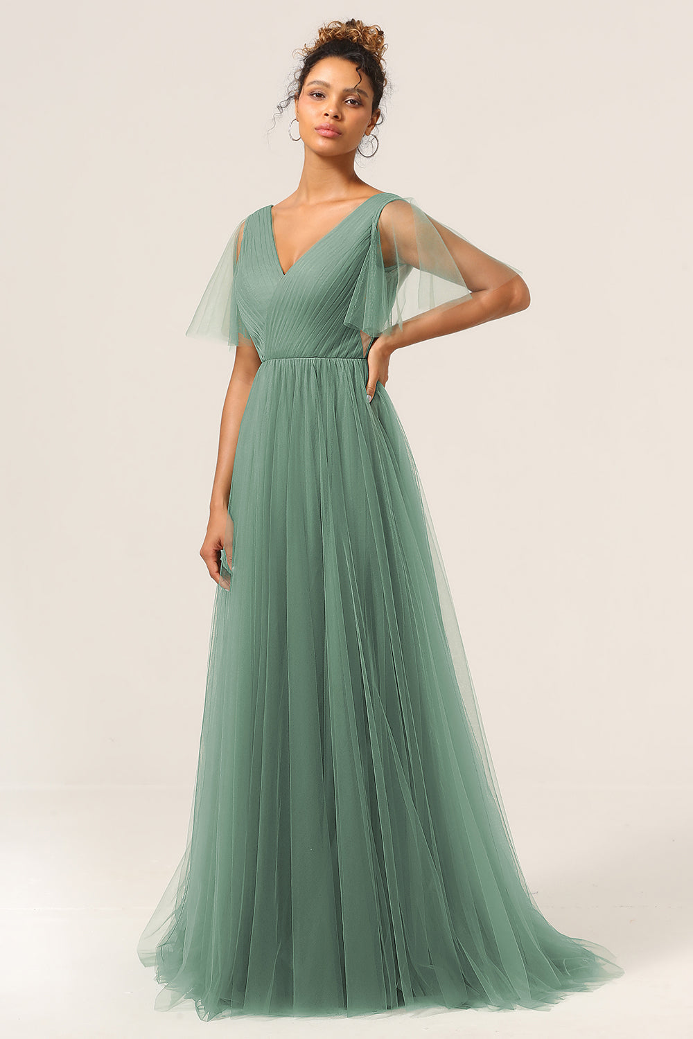 Eucalyptus A Line V Neck Floor Length Tulle Bridesmaid Dress Sexy Party Dresses