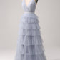 Dusty Blue A-Line Spaghetti Straps Tiered Floor Length Tulle Prom Dress V-neck