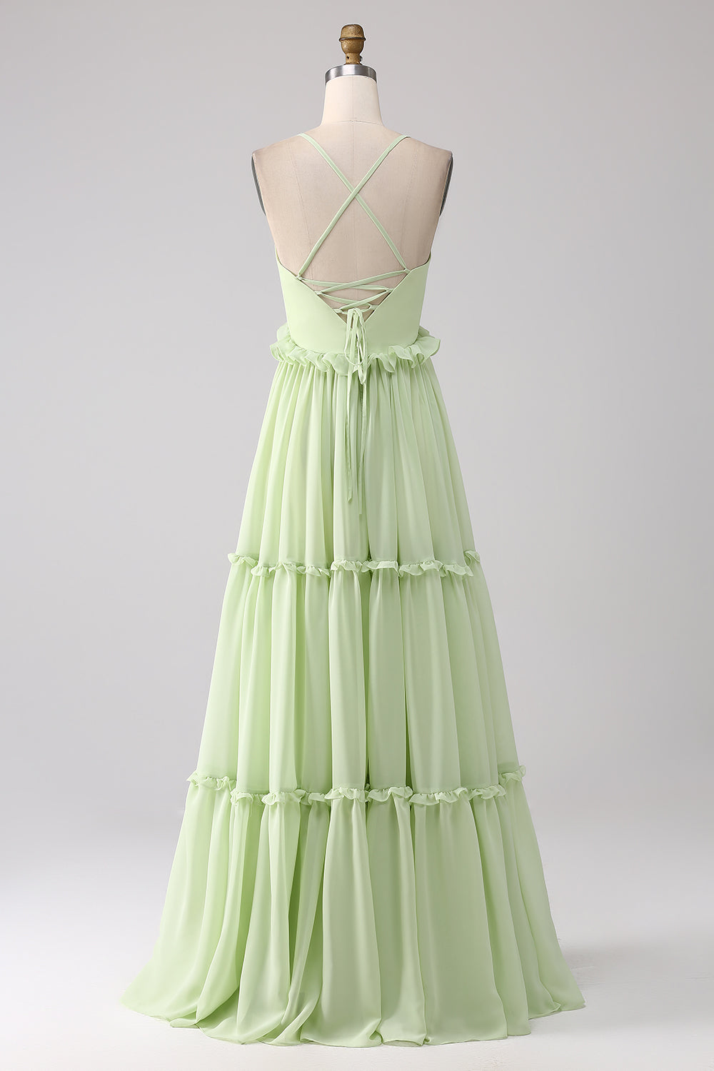 A-Line Spaghetti Straps Backless Long Bridesmaid Dress With Ruffles V-neck