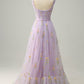 A-Line Square Neck Embroidered Prom Dress Floor Length With Flowers