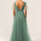 Eucalyptus A Line V Neck Floor Length Tulle Bridesmaid Dress Sexy Party Dresses