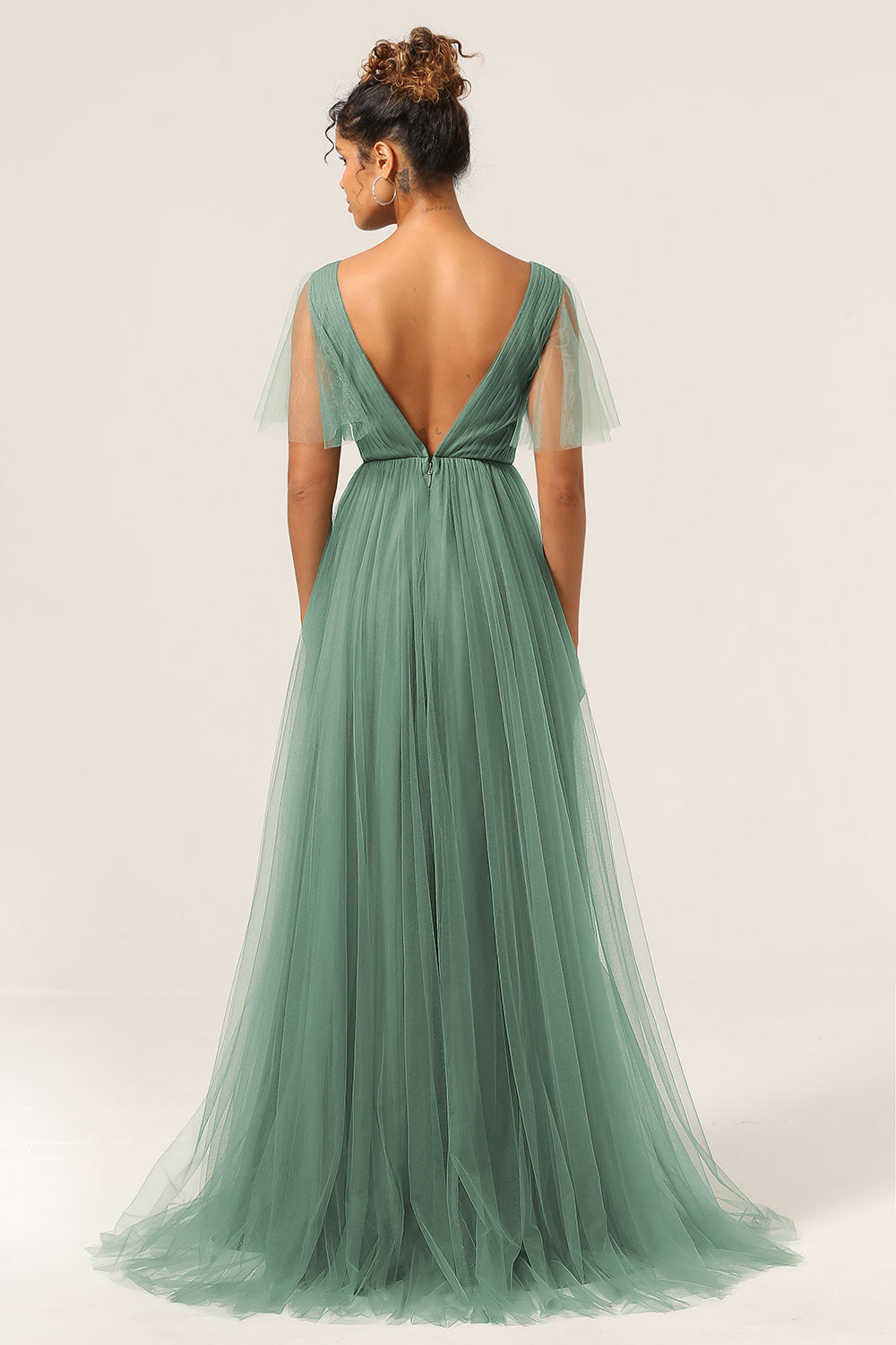 Eucalyptus A Line V Neck Floor Length Tulle Bridesmaid Dress Sexy Party Dresses