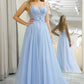 Light Blue A-Line Tulle Long Prom Dress With Appliques Floor Length Beautiful