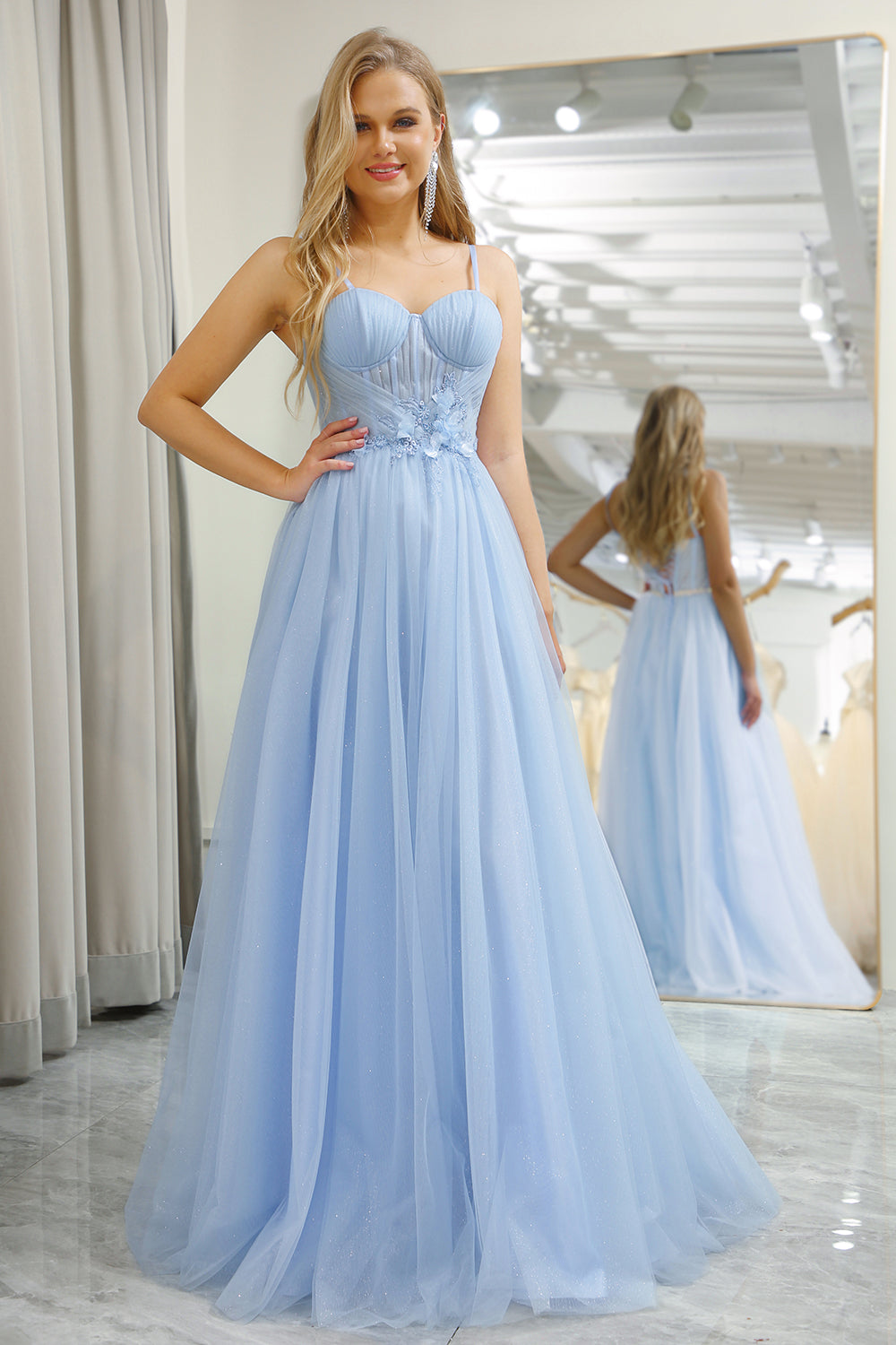 Light Blue A-Line Tulle Long Prom Dress With Appliques Floor Length Beautiful