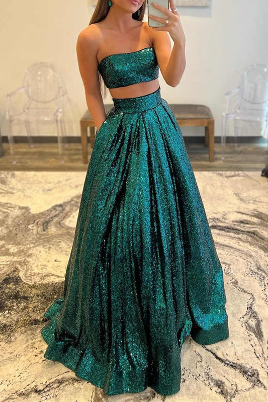 A-Line Gorgeous Two Piece Sequin Long Strapless Floor-Length Prom Dresses Sparkly Evening Dresses