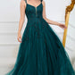 Dark Green A Line Spaghetti Straps Long Prom Dress with Appliques Floor Length With Slit