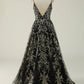 Black Golden A Line Spaghetti Straps Long Prom Dress V-neck Floor Length
