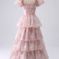 Light Blue Floral Print A-Line Off The Shoulder Tiered Prom Dress Floor Length Beautiful