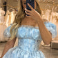 Light Blue Floral Print A-Line Off The Shoulder Tiered Prom Dress Floor Length Beautiful