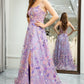 A Line Spaghetti Straps Front Slit Tulle Applique Long Prom Dress With Embroidery With Flowers