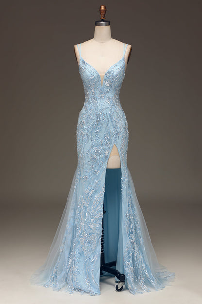 Blue Mermaid Tulle Beaded Long Prom Dress with Slit Sexy Evening Dresses