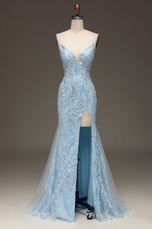 Blue Mermaid Tulle Beaded Long Prom Dress with Slit Sexy Evening Dresses
