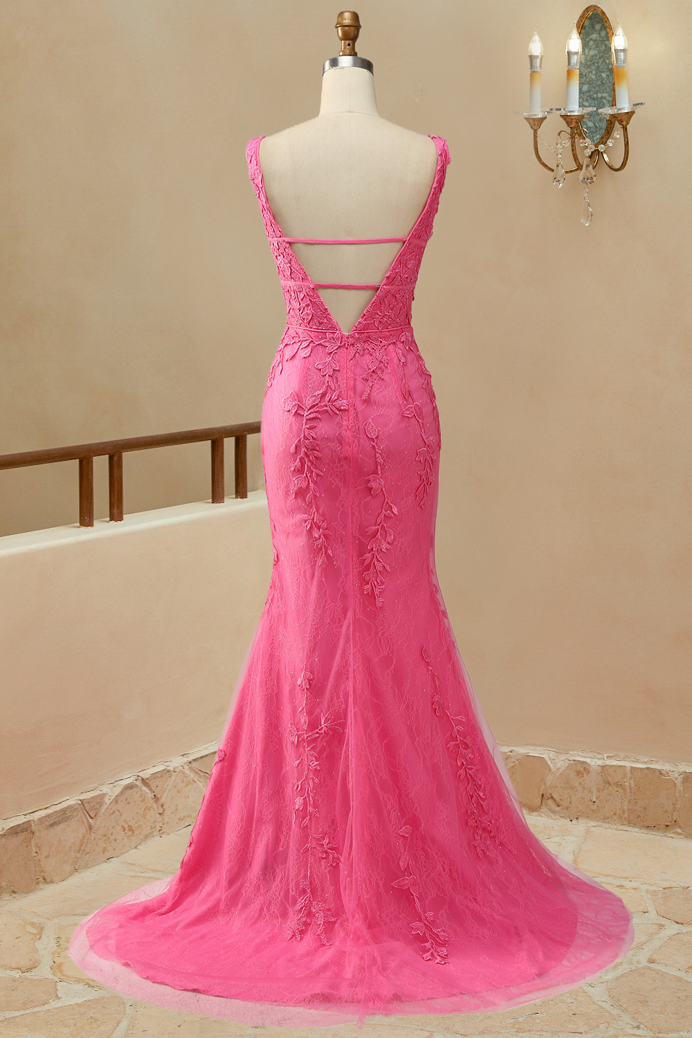 V Neck Prom Dresses Mermaid Lace With Applique And Sash Sweep Train Beautiful