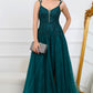 Dark Green A Line Spaghetti Straps Long Prom Dress with Appliques Floor Length With Slit