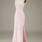 Pink Mermaid Spaghetti Straps Sparkly Long Prom Dress with Slit Evening Dresses