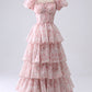 Light Blue Floral Print A-Line Off The Shoulder Tiered Prom Dress Floor Length Beautiful