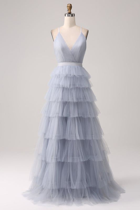 Dusty Blue A-Line Spaghetti Straps Tiered Floor Length Tulle Prom Dress V-neck