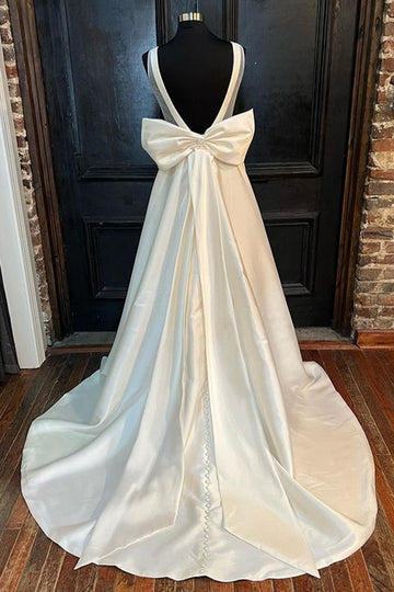 White Satin Crew Neck Bow-Back A-Line Wedding Dress Pure Color