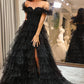 Sparkly Black A Line Long Corset Tiered Tulle Prom Dress With Slit Off Shoulder