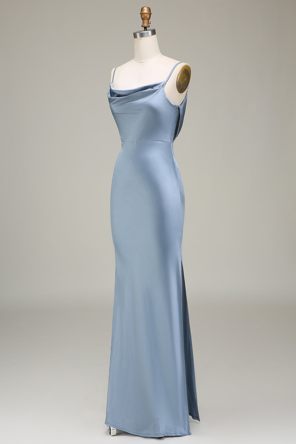 Dusty Blue Sheath Spaghetti Straps Long Satin Bridesmaid Dress Floor Length