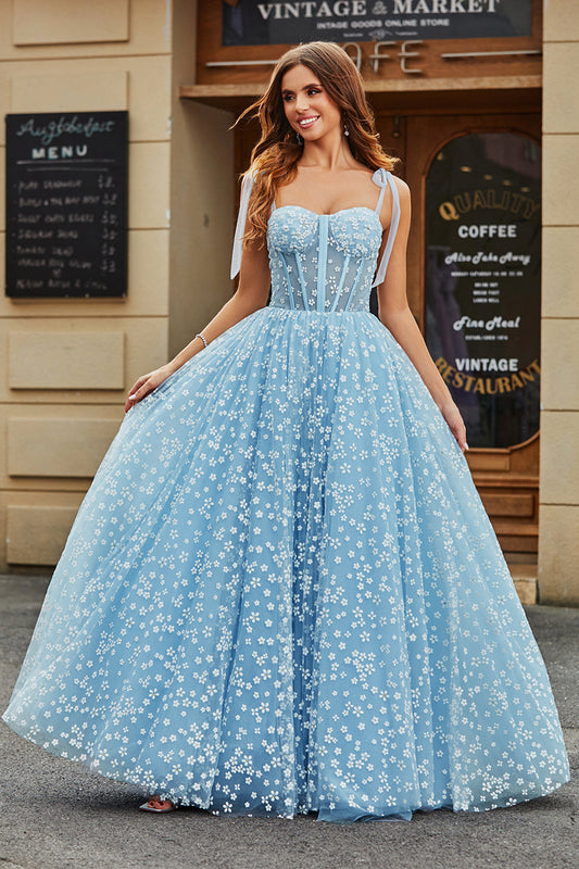 Sky Blue Ball-Gown Spaghetti Straps Corset Long Prom Dress With Floral Floor Length