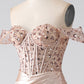 Champagne Mermaid Off The Shoulder Sequins Corset Prom Dress With Slit Evening Dresses