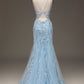 Blue Mermaid Tulle Beaded Long Prom Dress with Slit Sexy Evening Dresses