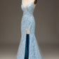 Blue Mermaid Tulle Beaded Long Prom Dress with Slit Sexy Evening Dresses