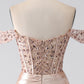 Champagne Mermaid Off The Shoulder Sequins Corset Prom Dress With Slit Evening Dresses