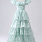 Light Blue Floral Print A-Line Off The Shoulder Tiered Prom Dress Floor Length Beautiful