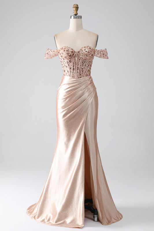 Champagne Mermaid Off The Shoulder Sequins Corset Prom Dress With Slit Evening Dresses