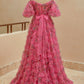 A Line Sweetheart Ruffles Sweep Train Floral Printed Chiffon Prom Dresses Beautiful