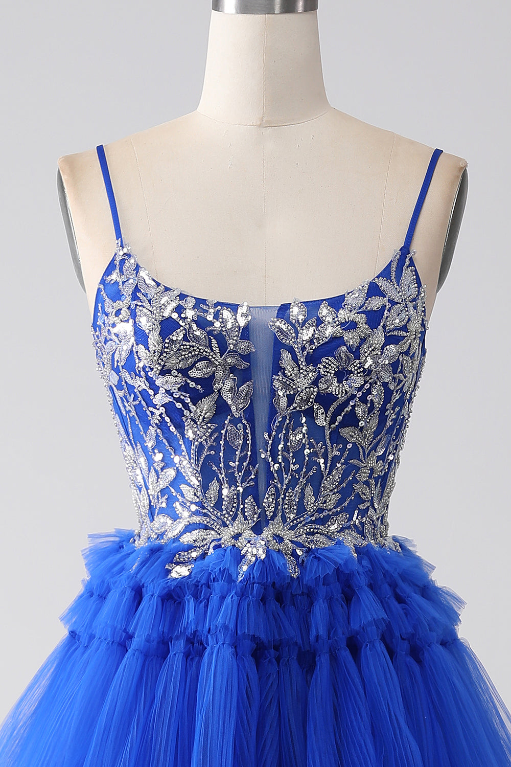 Royal Blue Spaghetti Straps Tiered Prom Dress with Sequins Beautiful