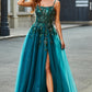 A Line Spaghetti Straps Tulle Long Appliqued Prom Dress With Slit Sparkly