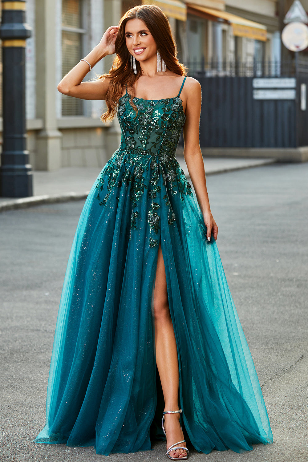 A Line Spaghetti Straps Tulle Long Appliqued Prom Dress With Slit Sparkly