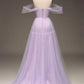 A Line Tulle Princess Prom Dress With Slit Off Shoulder Pure Color