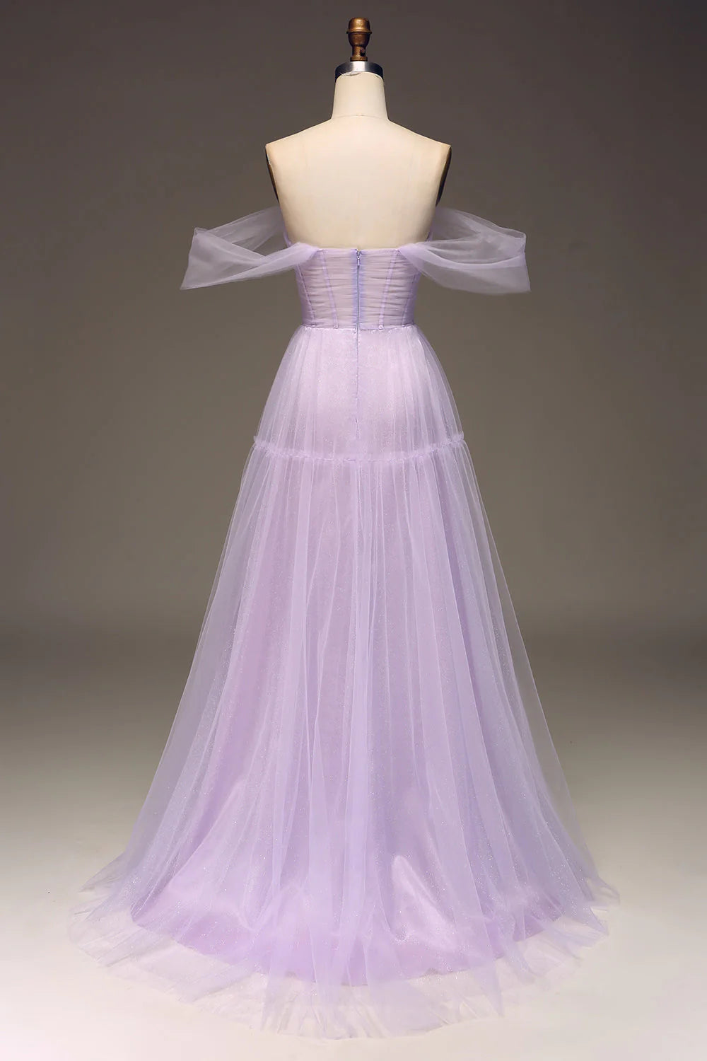 A Line Tulle Princess Prom Dress With Slit Off Shoulder Pure Color