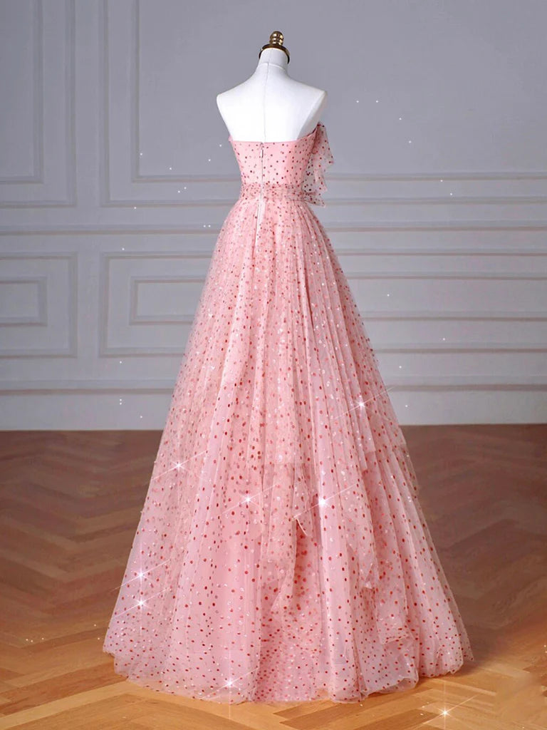 A-Line Tulle Long Prom Dress Pink