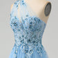 Light Blue A-Line One Shoulder Sequin Prom Dress with Appliques Floor Length