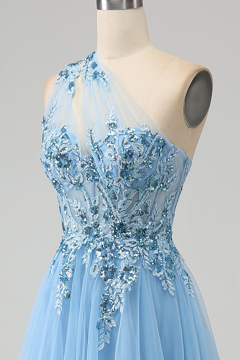 Light Blue A-Line One Shoulder Sequin Prom Dress with Appliques Floor Length