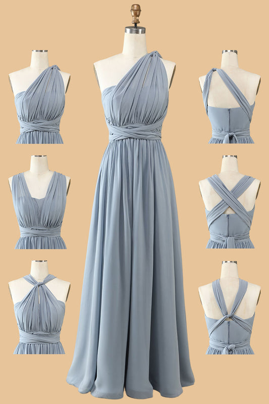 A Line One Shoulder V Neck Halter Neck Floor Length Grey Blue Bridesmaid Dress Beautiful