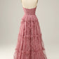 Dusty Rose A-Line Sweetheart Floor Length Tulle Prom Dress V-neck Sexy