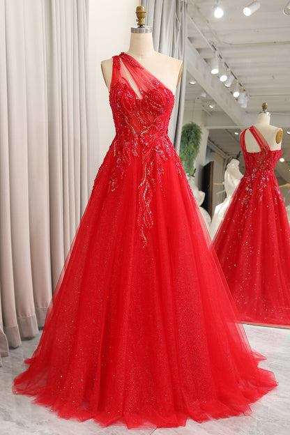 Sparkly Red A-Line One Shoulder Long Prom Dress With Sequins Floor Length